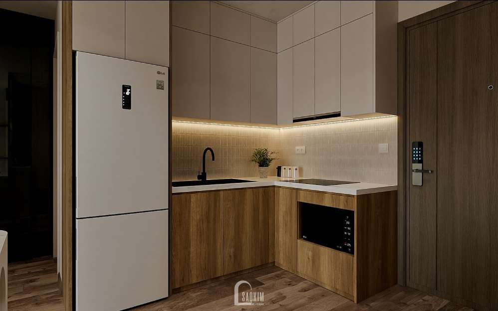 Không gian phòng bếp phong cách Koreachic mix Scandinavian tại thiết kế chung cư 1 ngủ Masteri Vinhomes Ocean Park